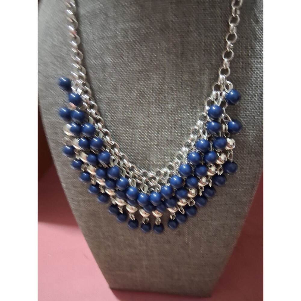 Silver Tone Cable Chain Statement Necklace Blue Round Beaded Fringe